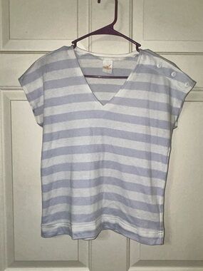 Jantzen Pale Blue & White Striped V-Neck Tee with Shoulder Buttons